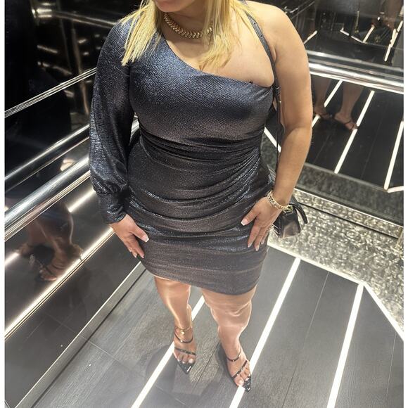 NW Nightway‎ Dress Womens 6 Navy Metallic One Shoulder Cocktail Mini - Picture 2 of 10